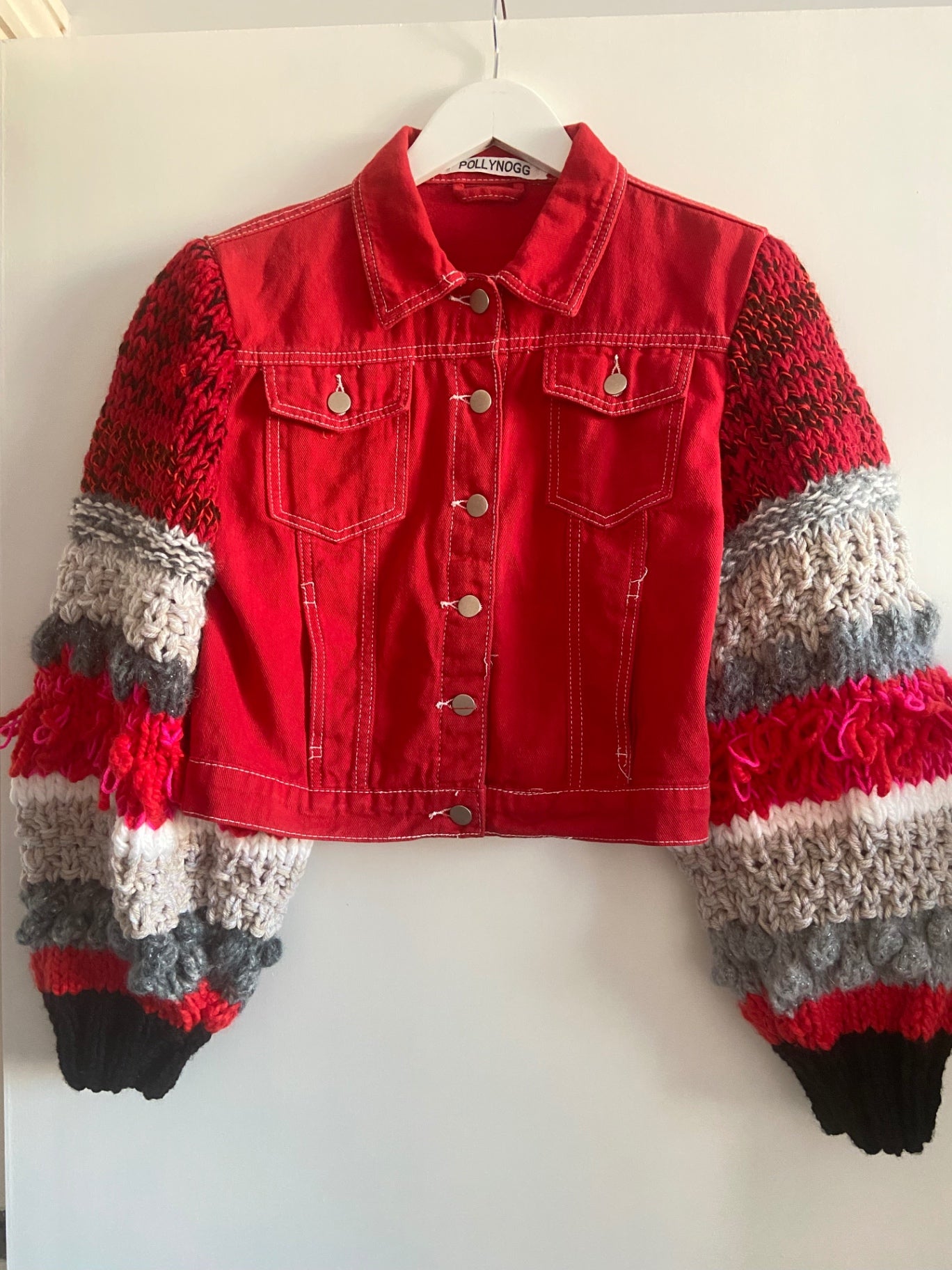 Red Knitted Sleeved Jean Jacket