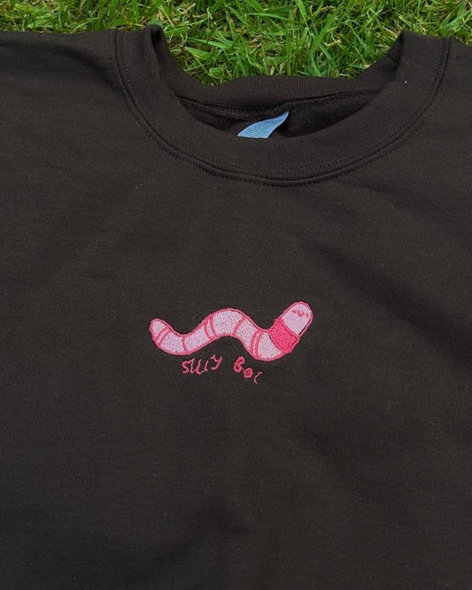 Silly Boi Worm Unisex Embroidered Brown Sweatshirt - SMALL