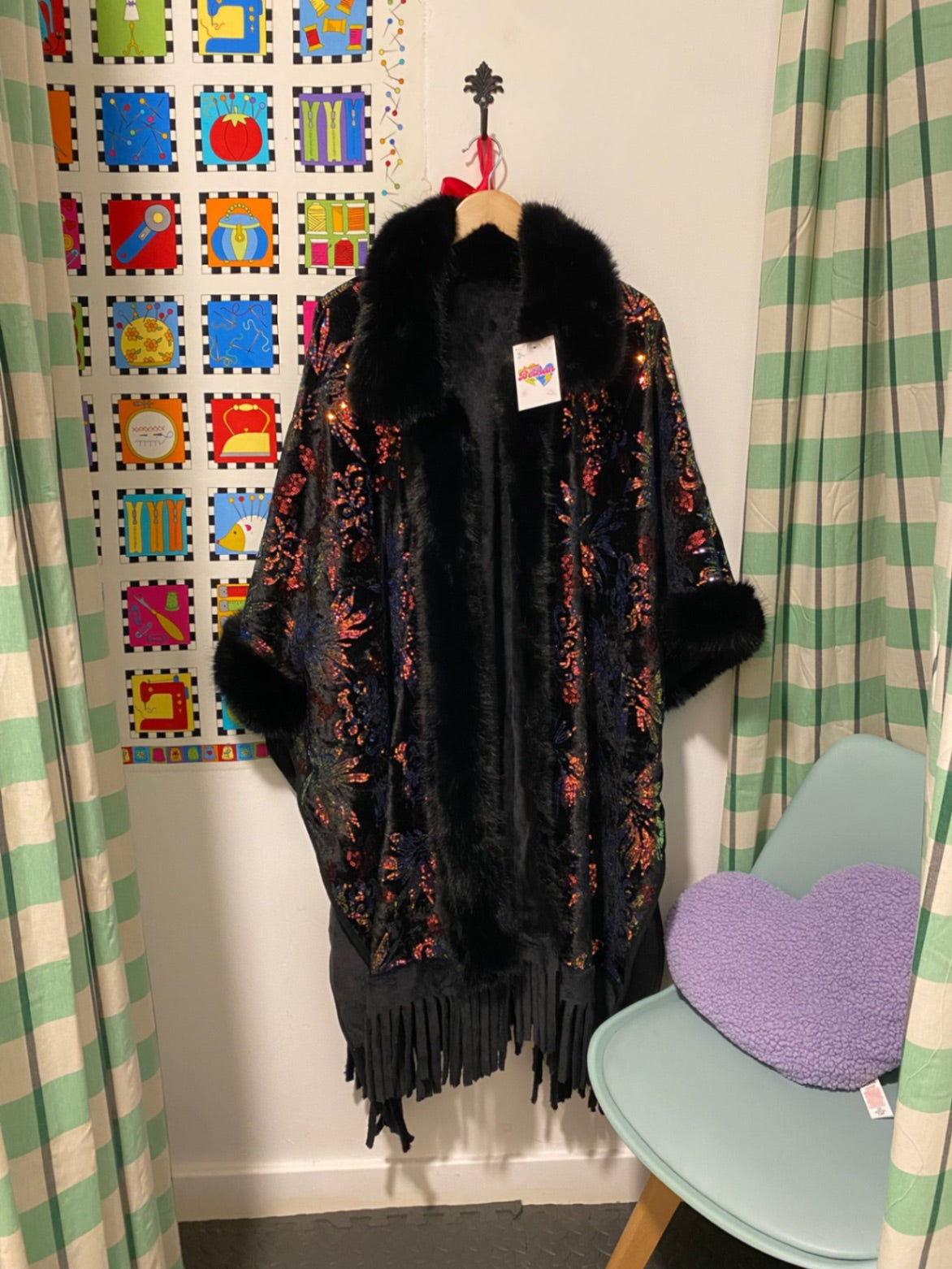 Sequin Black Fur Cape jacket