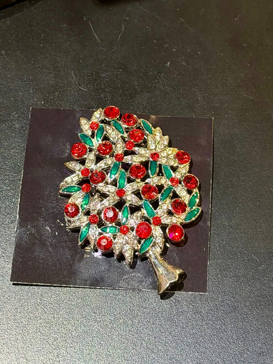 Silver Red Crystal Christmas tree brooch