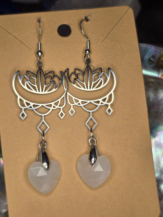 Milky quartz heart mandala moon earrings 