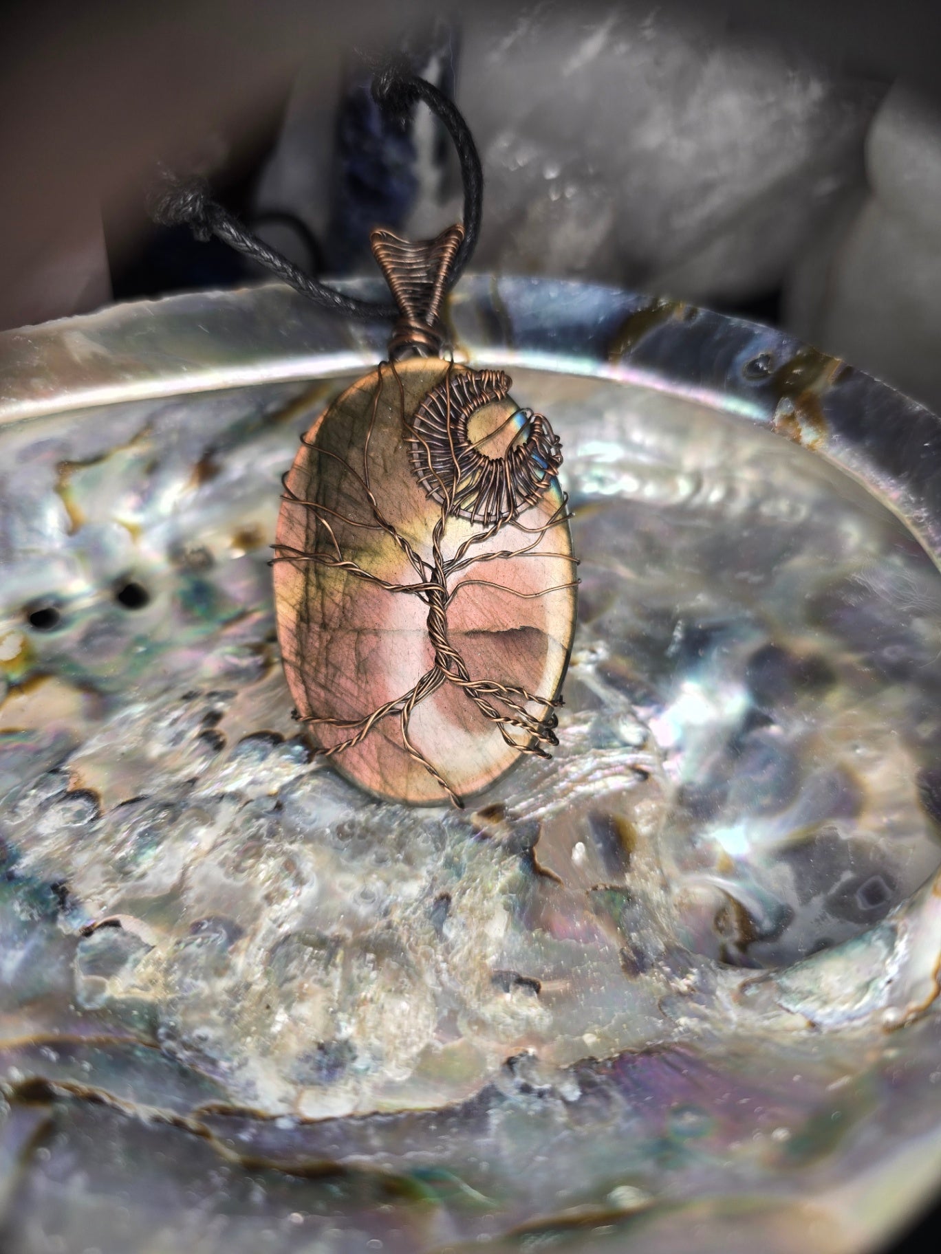 Labradorite moon and tree pendant 