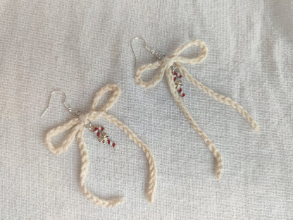 Crochet Christmas earrings, white bows, candy cane charms