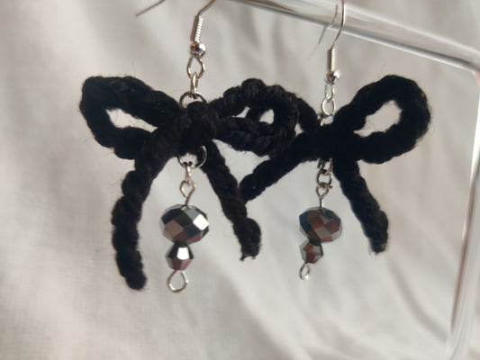 Black crochet bow earrings, disco beads