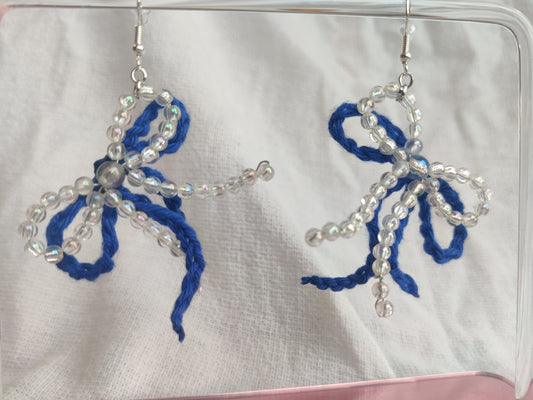 Blue festive Crochet and beaded bows earrings
