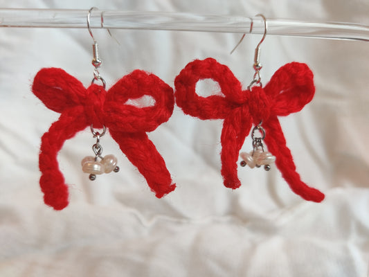 Crochet red bows with real fresh water pearls