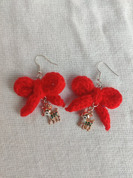 Crochet red bow earrings with reindeer charms