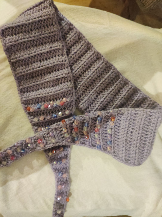 Crochet lilac/purple small scarf with embellishments colorful sparkly beads