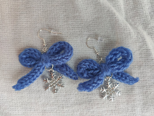 Crochet blue bow earrings with sparkle snowflake pendant