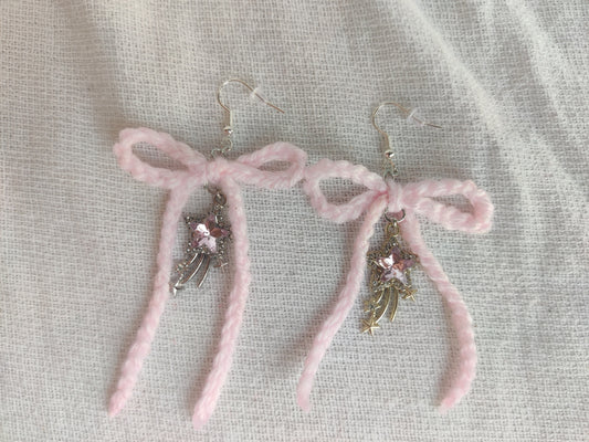 Crochet light pink bow earrings with star charms