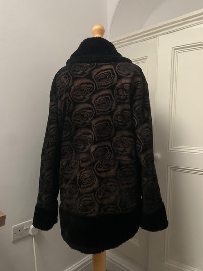 black faux fur geometric rose pattern coat