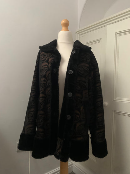 black faux fur geometric rose pattern coat