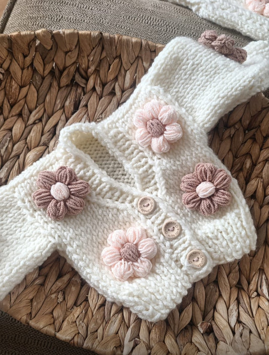 6-12m Handmade Knitted Daisy Cardigan 