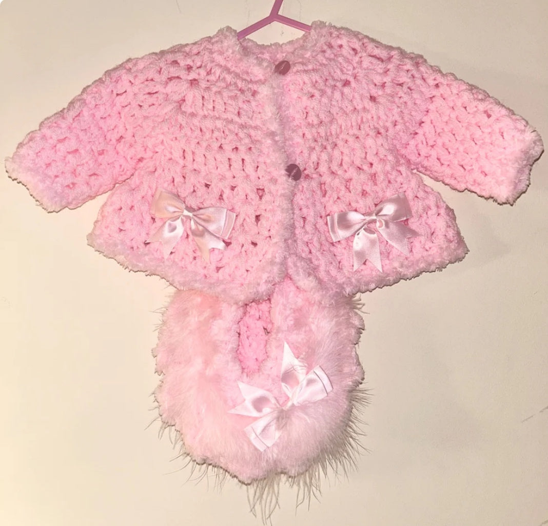 Pink Handmade Cardigan With Matching Hat 