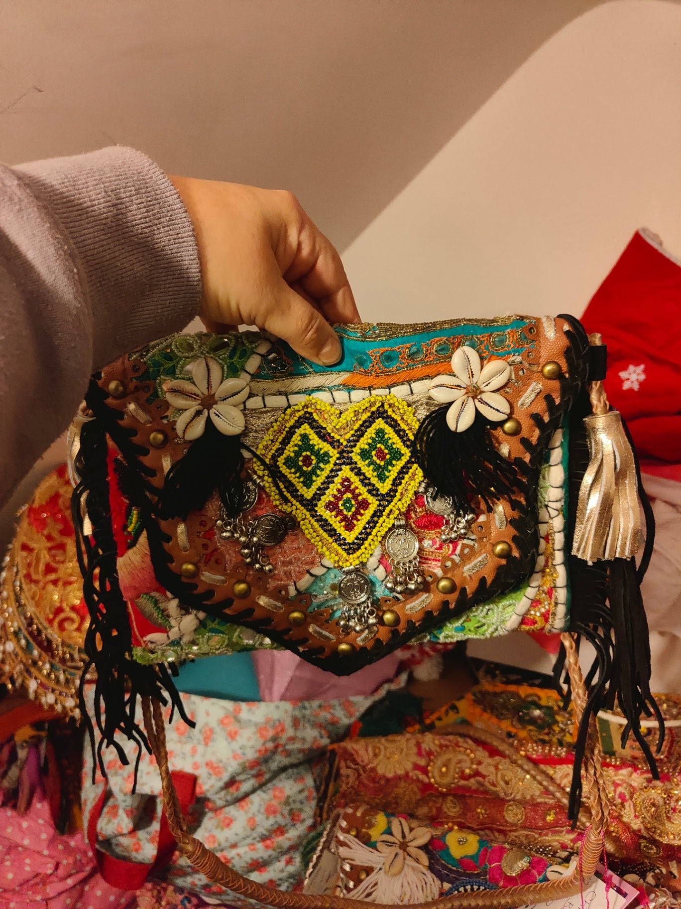 Chilean Boho bag-black coins shells tassles