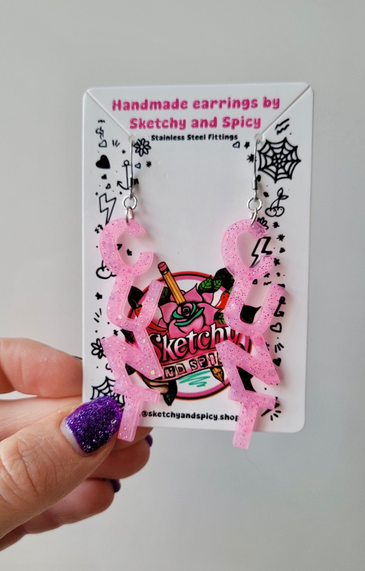 Light Pink Glitter CUNT Resin Earrings - Shepherd Hooks