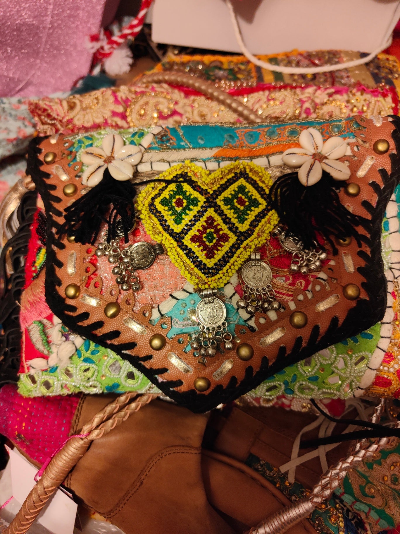 Chilean Boho bag-black coins shells tassles