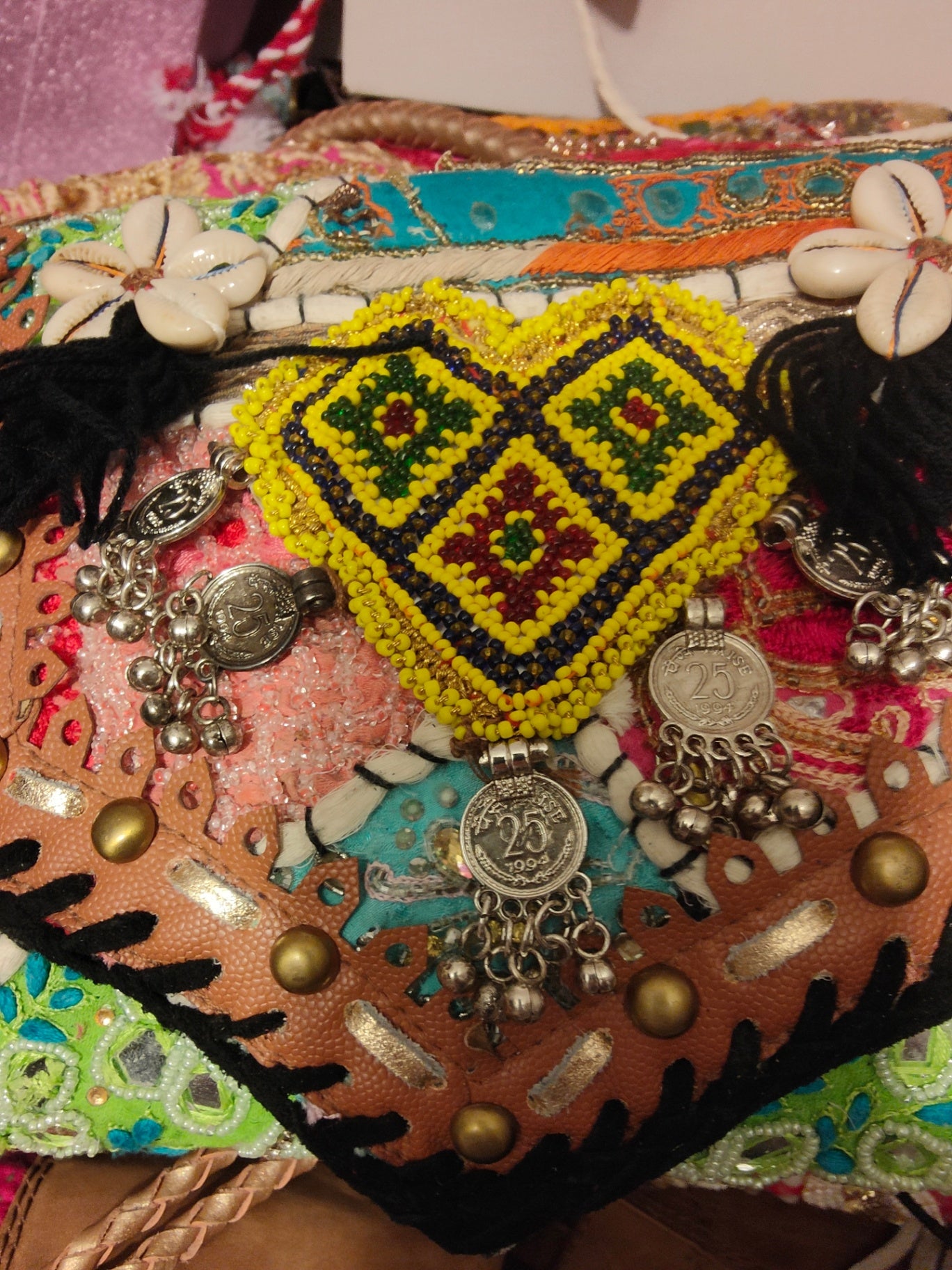 Chilean Boho bag-black coins shells tassles