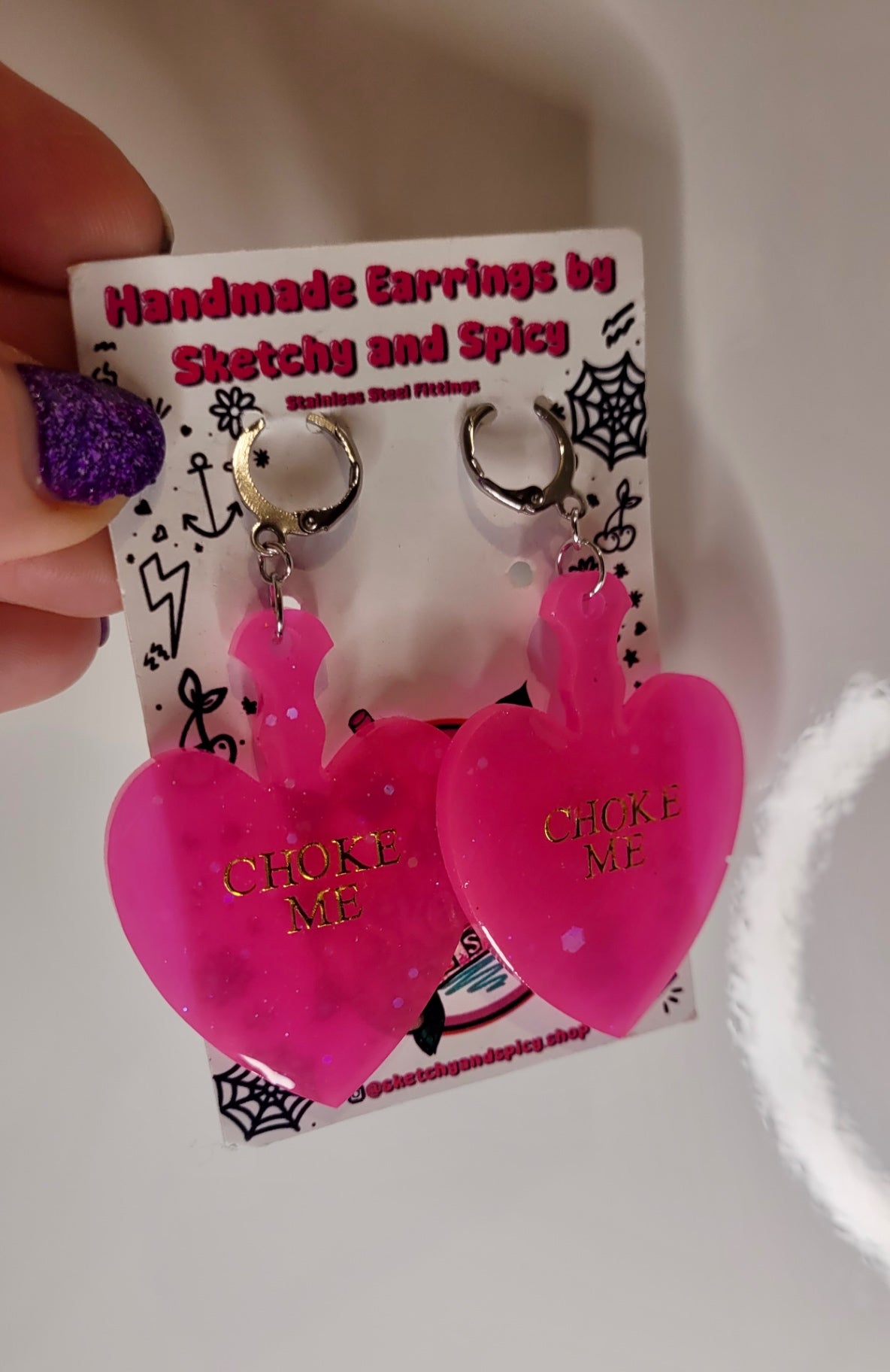 CHOKE ME Hot Pink Heart Paddle Earrings - Shepherd Hooks