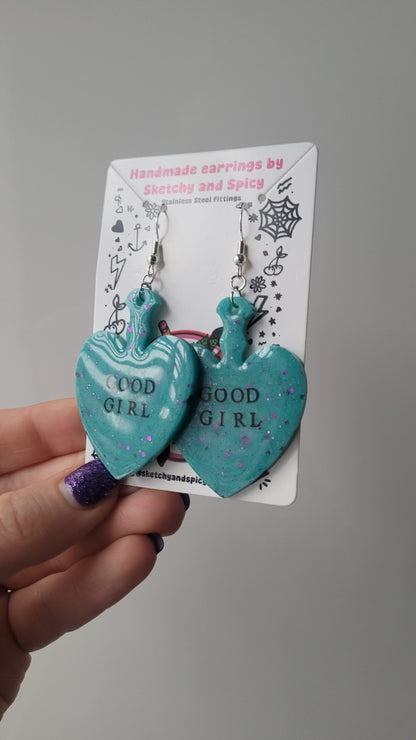 Good Girl Heart Paddle Earrings – Teal Glitter - Shepherd Hooks