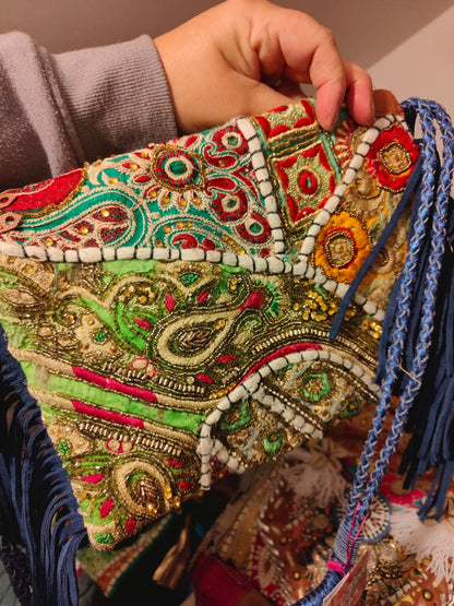 Chilean Boho bag - blue - coins shells tassles