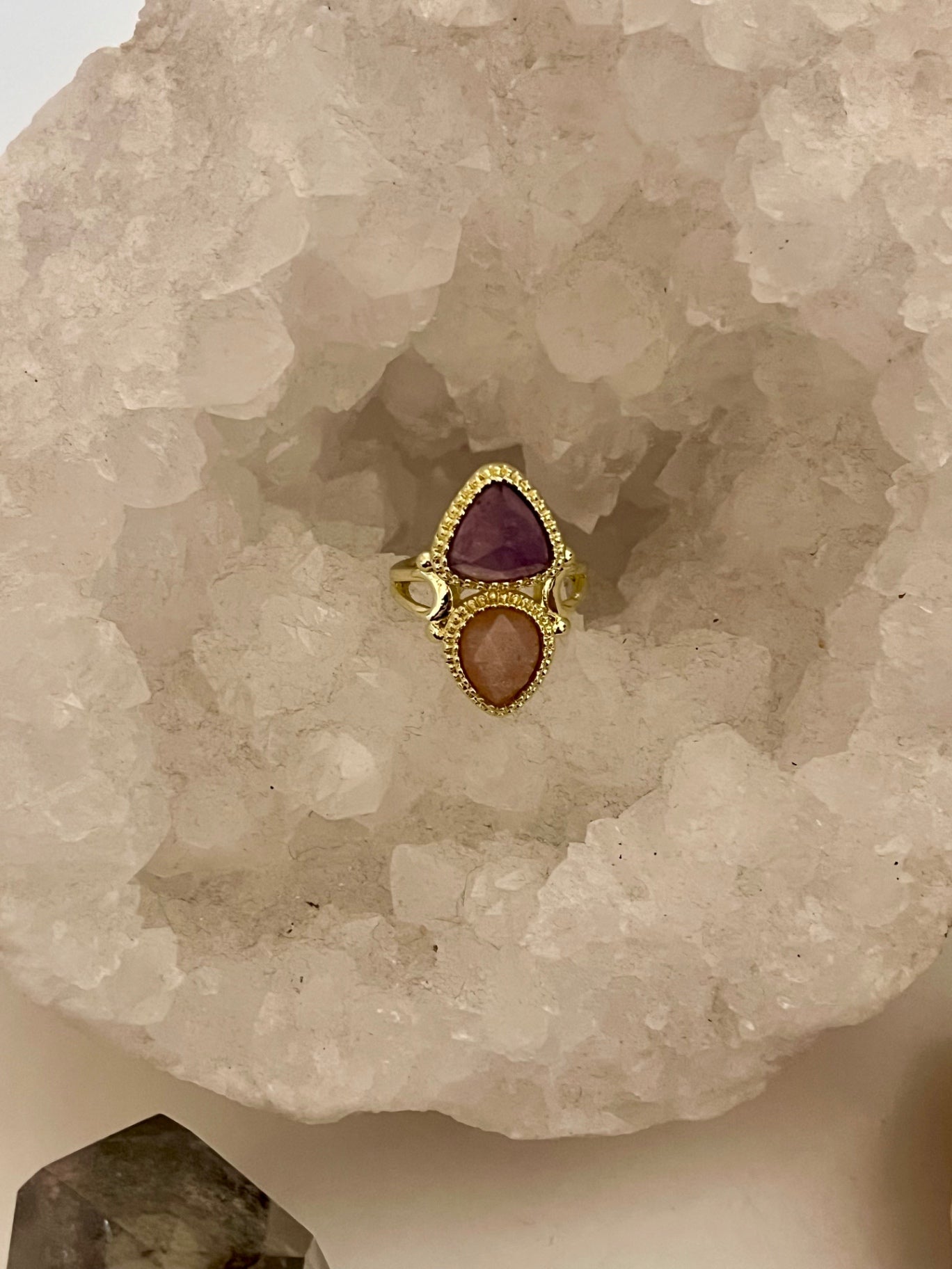 Oval twin Amethyst and strawberry topaz ring
