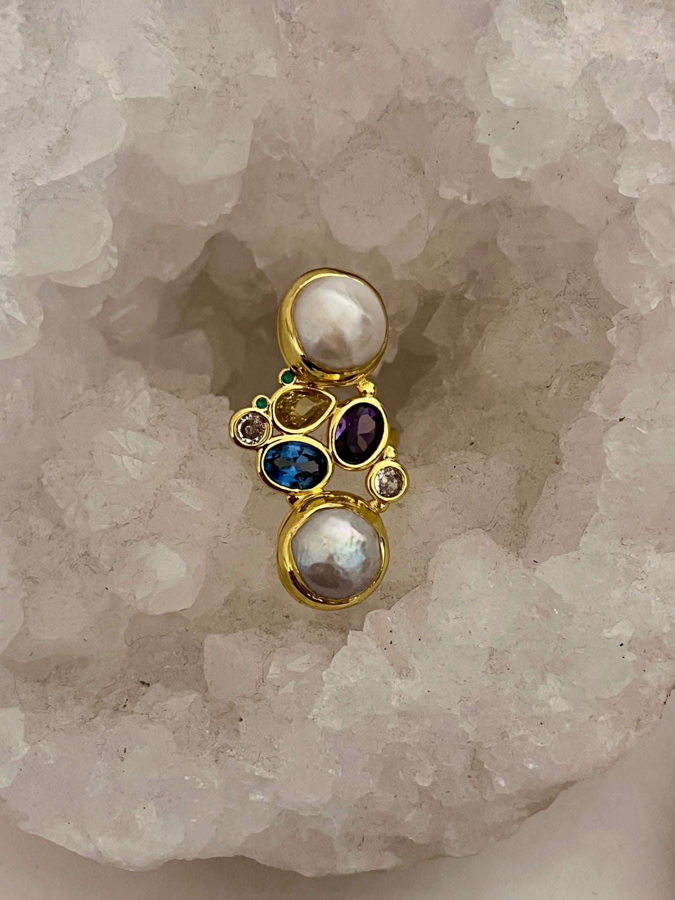 Luna Alchemy Cluster Ring — Biwa Pearl & Rainbow Crystal (Gold)