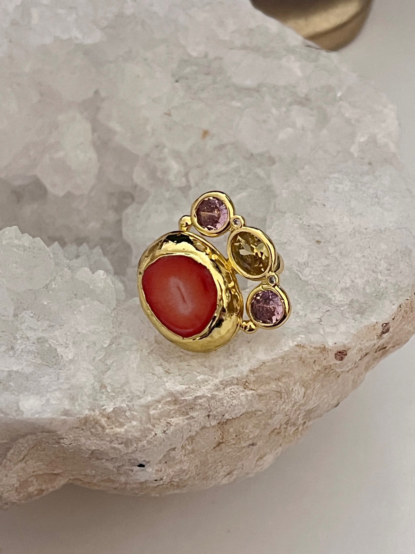Coral and purple green Topaz Ring Adjustable