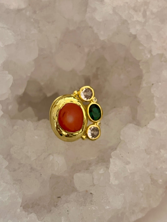 Coral and Green Topaz Ring 