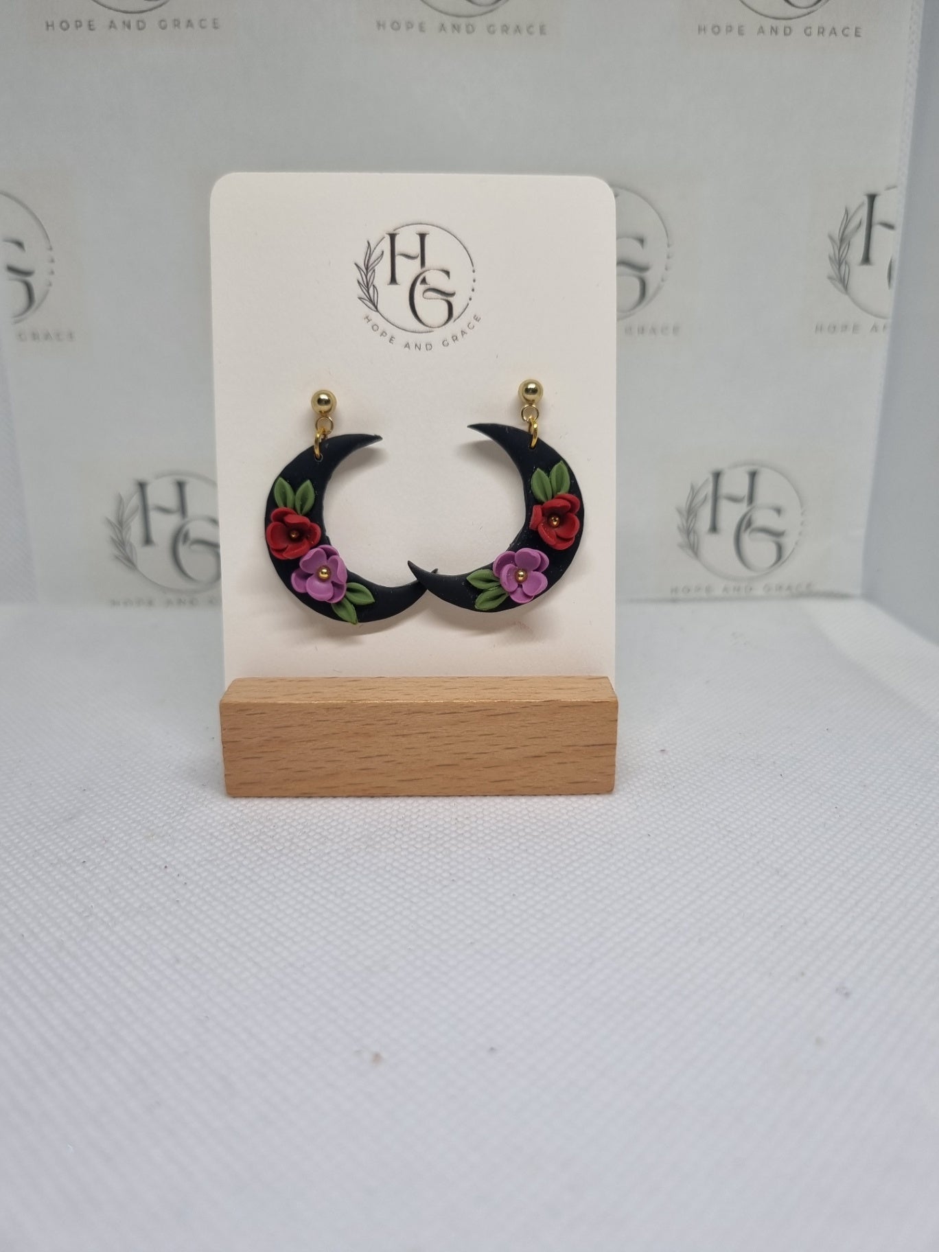 Black moon flower earrings