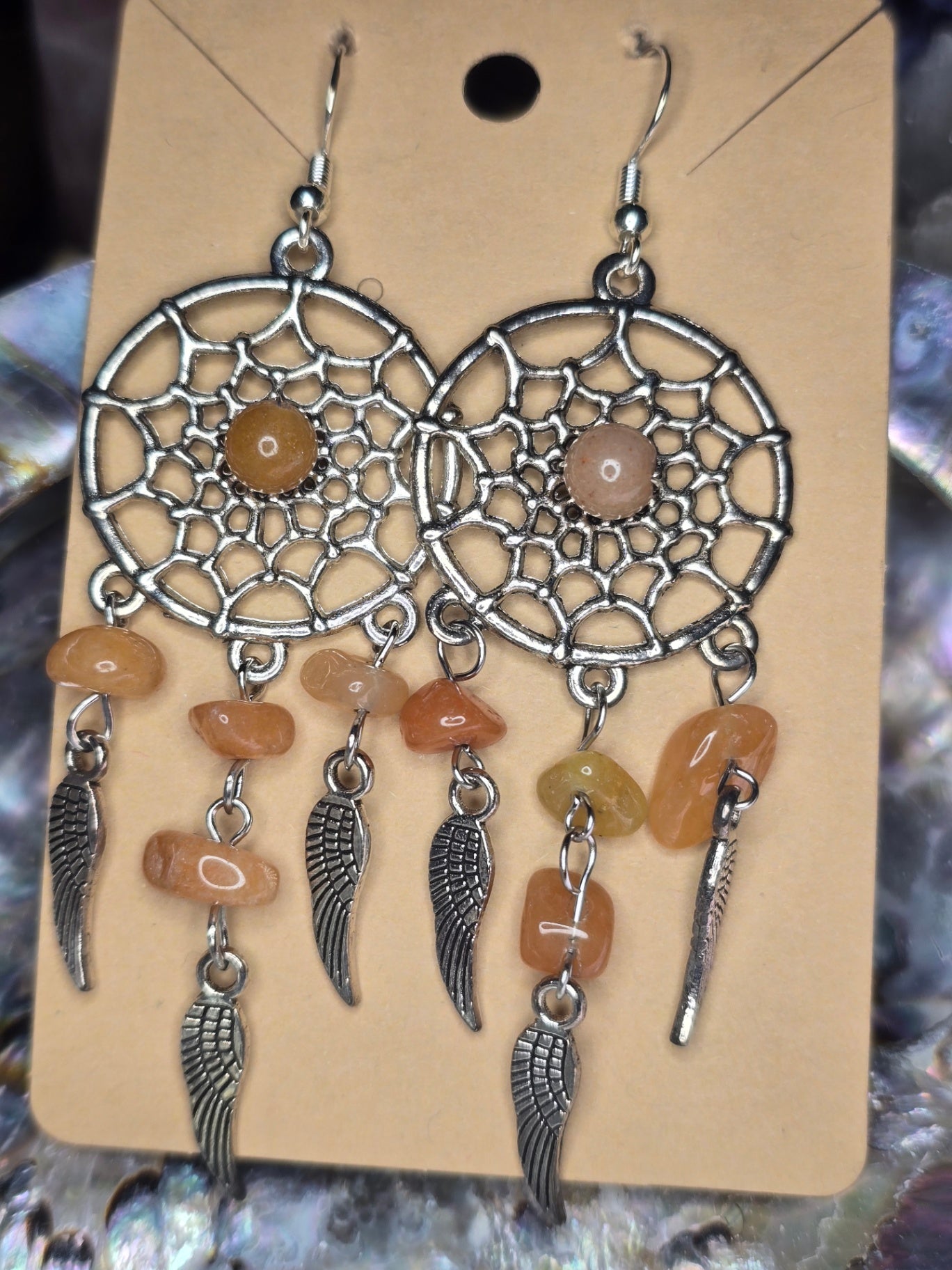 Orange calcite dream catcher earrings 