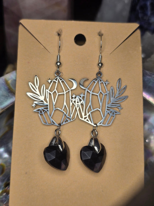 Black obsidian heart crystal earrings 