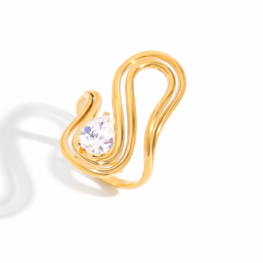 Serpent Wave Crystal Statement Ring Gold