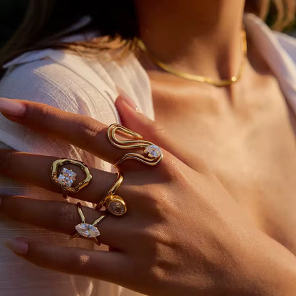 Serpent Wave Crystal Statement Ring Gold