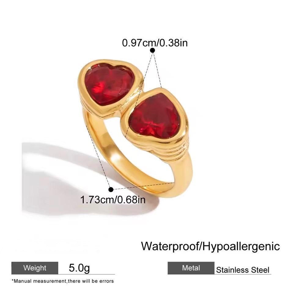Valentine Red Twin Heart Ring Gold