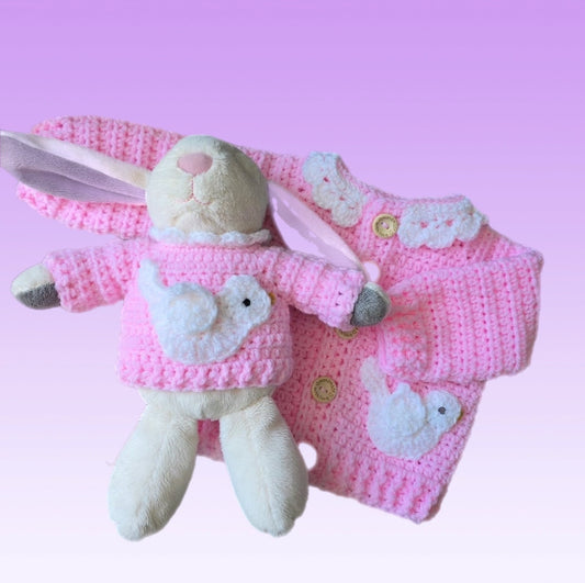 Crochet Cardigan With Dove Motif, With Matching Teddy Jumper And White Teddy 
