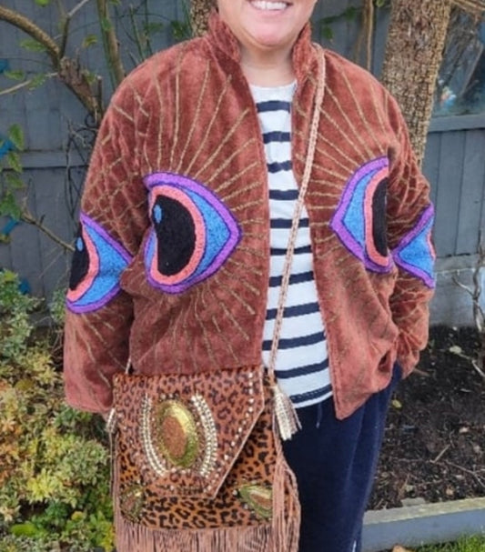 Wanderlust evil eye protection velvet jacket Brown