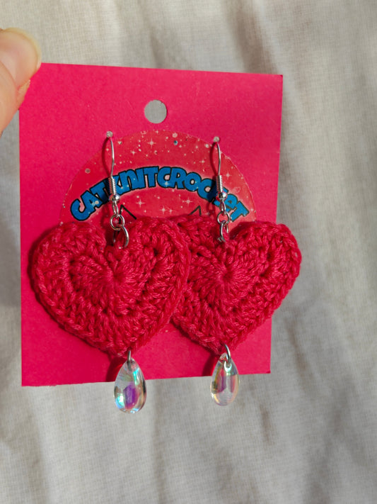 Crochet pink heart with glass raindrop beeds