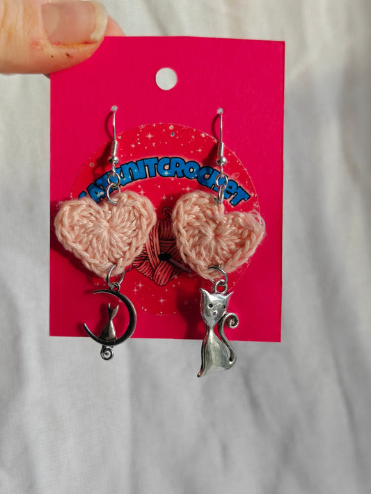 Crochet pink heart & cats earrings