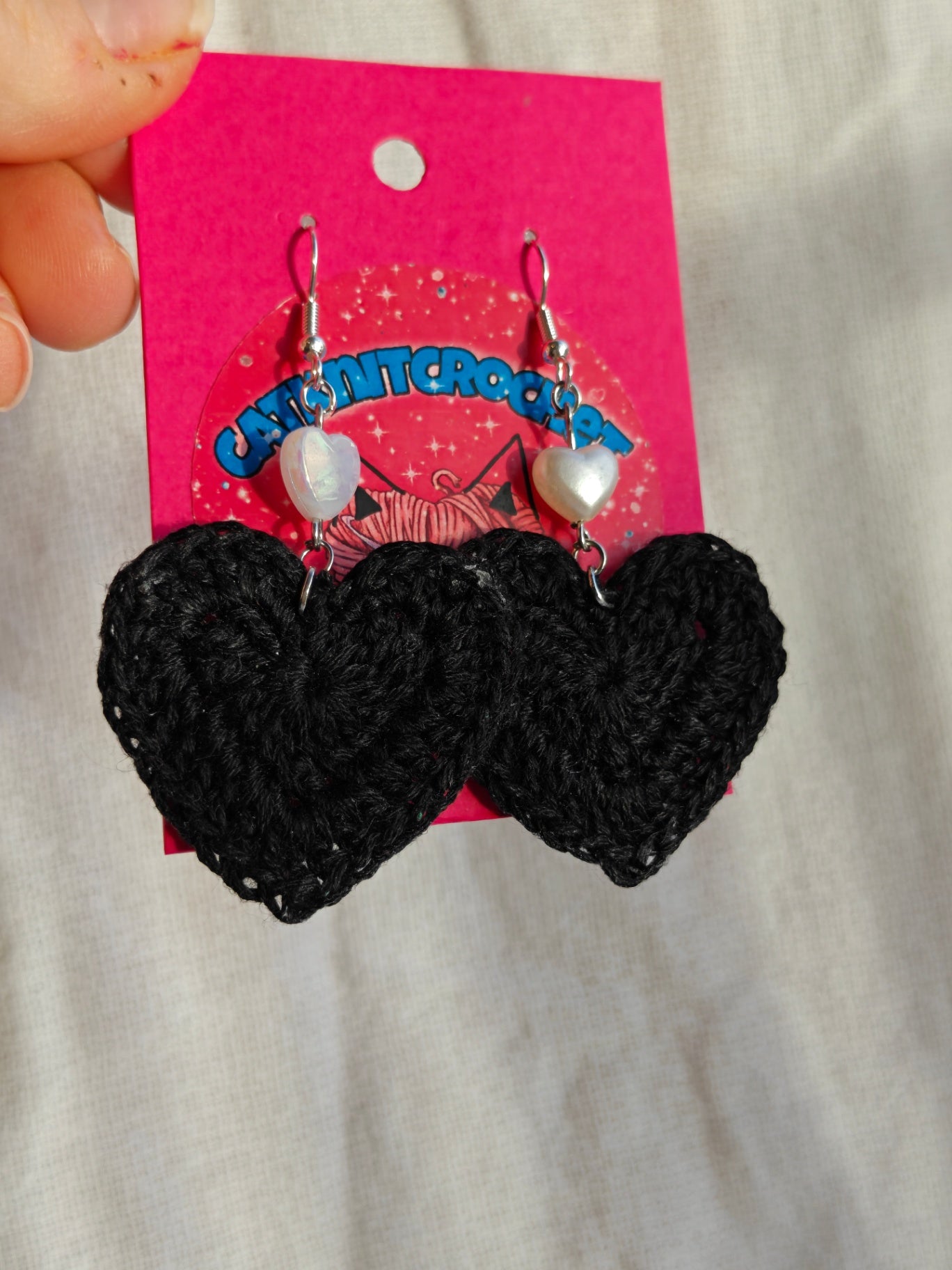 Black crochet heart earrings with pearl like heart bead