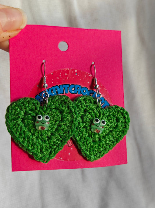 Crochet green heart frog earrings 