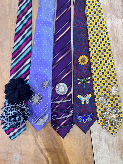 Vintage Tie Reworked - Lilac Silver Feather