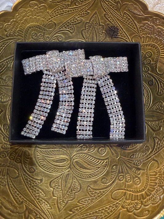 Silver Rhinestone Bow Earrings 