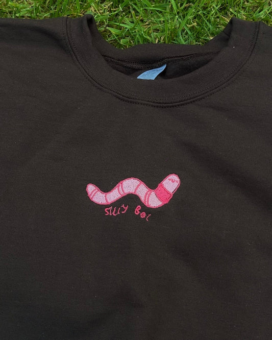 Silly Boi Worm Unisex Embroidered Brown Sweatshirt - SMALL