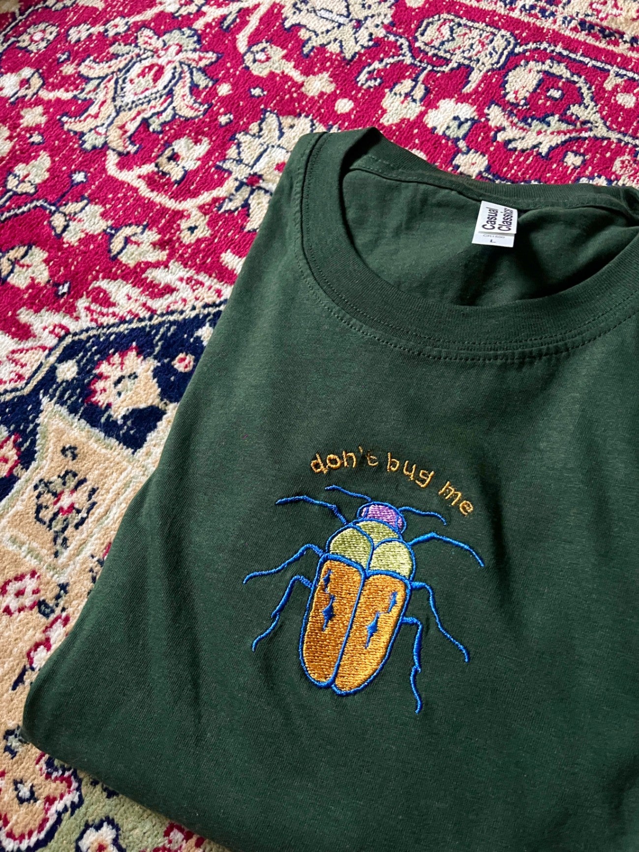 Don't Bug Me Beetle Embroidered Unisex Green T-Shirt - SMALL