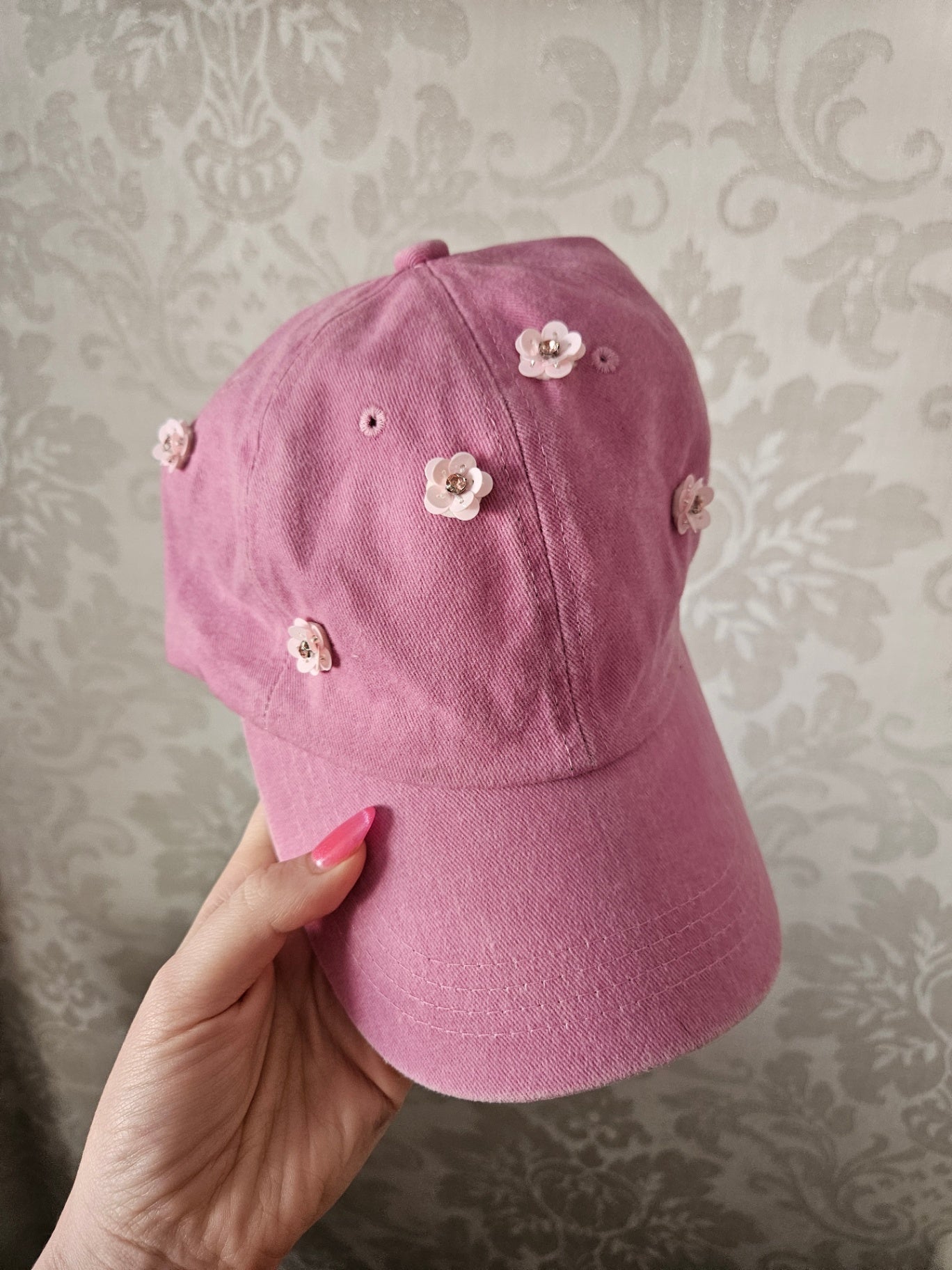 Pink embellished floral cap
