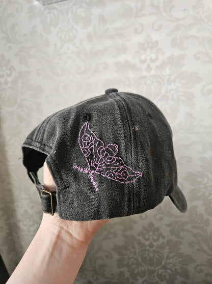 Black distressed bug cap