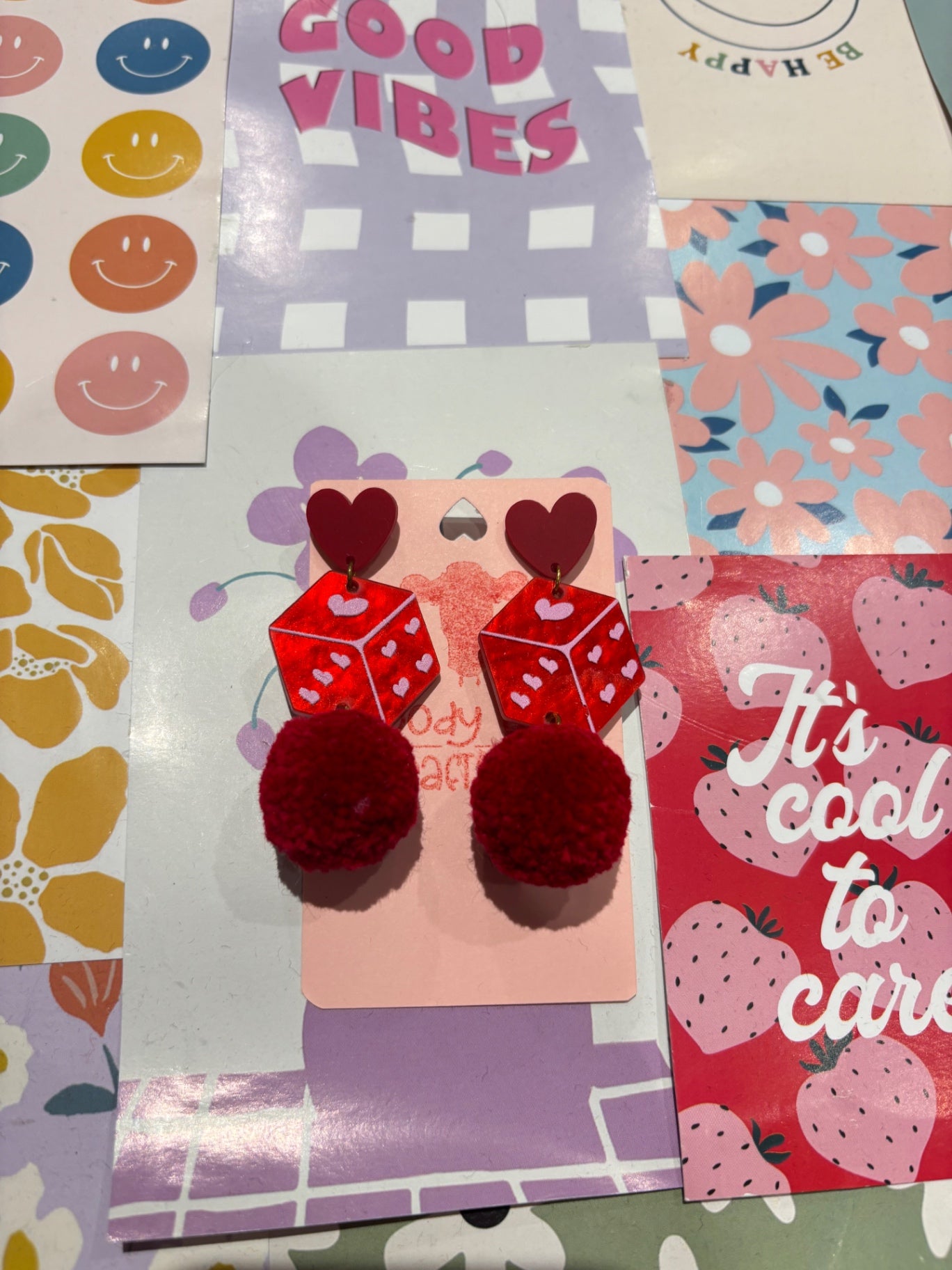 Red Dice Pom Pom Stack Earrings