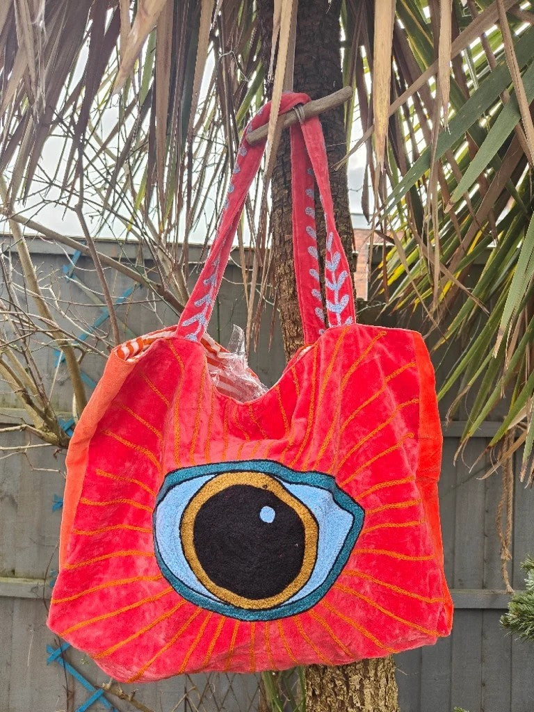 Wanderlust - Velvet oversized tote bag- Coral