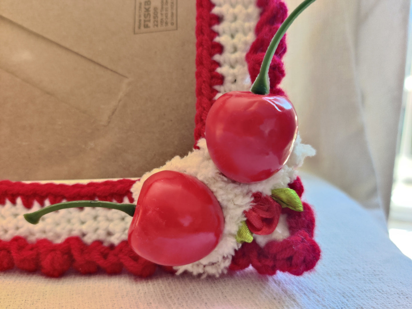 Crochet cherry photo frame